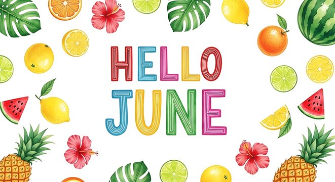 Hello june a vibrant watercolor summer greeting with tropical fruits and leaves