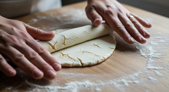 Hands rolling dough on a wooden surface preparing for baking.