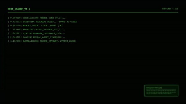 Futuristic Boot Loader HUD with Green Digital Command Line Interface and Computer System Initialization Sequence Monitoring Analytics Screen.