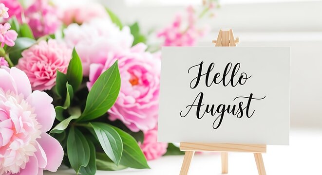 Hello august calligraphy with pink carnation bouquet summer greeting