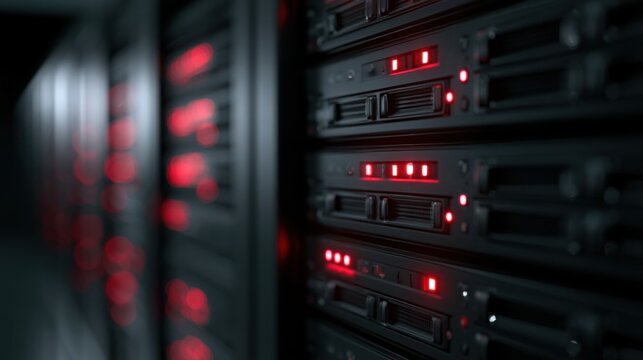 Data center server rack with red warning status lights