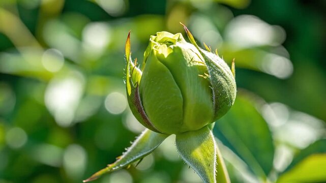 Rosebud Macro Time Lapse Green Blooming In Sunlit Garden Setting With Bokeh Background