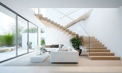 Fototapeta premium Modern interior design with open plan living space and floating wooden staircase.