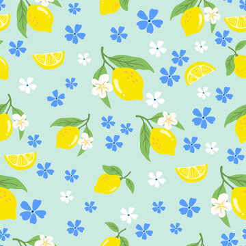 Cute Lemon Seamless Pattern, Pastel Citrus Background with Flowers