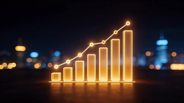 Glowing bar chart with cityscape background
