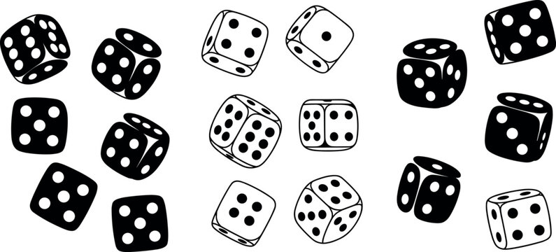 Collection of black and white dice vectors in various isometric angles and positions for gaming gambling and board games