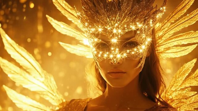 Woman in golden feather mask with glittering background