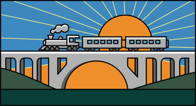 A stylized train crosses a bridge under a bright sun and blue sky with radiating lines