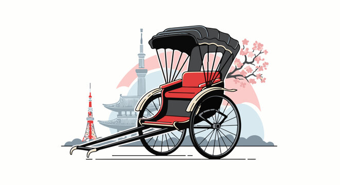 A traditional rickshaw with iconic Tokyo landmarks and cherry blossoms in background