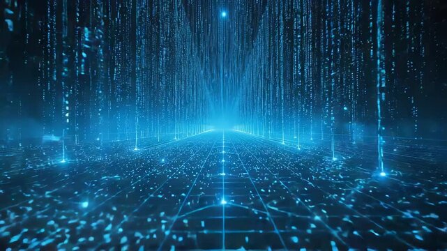 Abstract blue digital space with cascading vertical code streams glowing grid floor and central perspective light beams