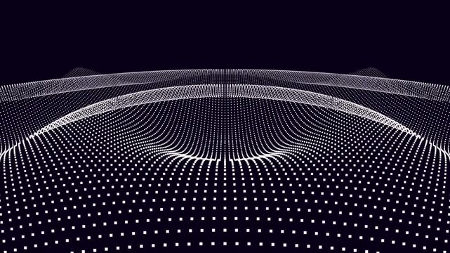 High quality 4K seamless animated loop. Features a colorful gradient abstract digital landscape made of glowing particles forming flowing waves. Perfect for technology backgrounds, data visualization 