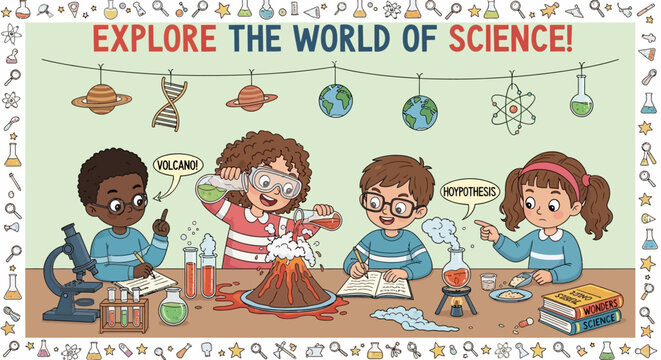Children conduct science experiments in a classroom setting with equipment
