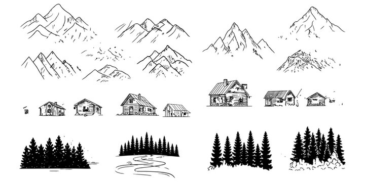 Set of hand drawn sketch mountain peaks small wooden houses and pine tree forest silhouettes for outdoor adventure design elements Vector, illustration