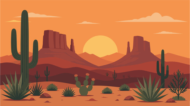 Arizona Desert Landscape Flat Vector Art Illustration