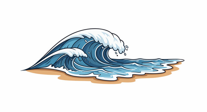 A stylized illustration of a breaking ocean wave on a sandy shore