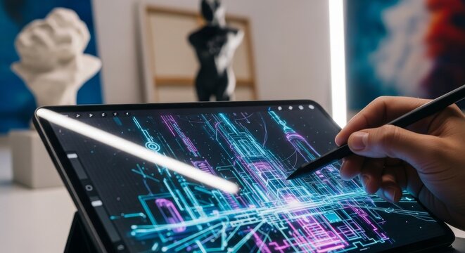 Artist designing digital city on tablet with stylus