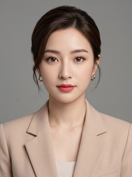 This professional studio portrait features a confident young woman wearing a beige blazer with dark hair styled in an updo against a neutral gray background

