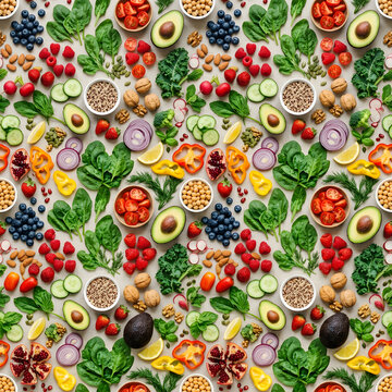 Vibrant pattern of fresh fruits and vegetables