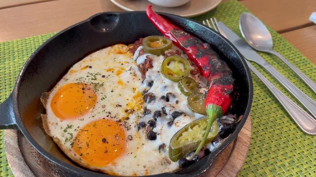 Close-up of sunny side up eggs cooked in a cast iron pan, topped with sliced jalape&ntilde;os and a whole red chili pepper. Spicy breakfast dish served hot on a rustic table setting