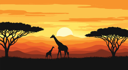 African Savannah Sunset Silhouette Vector Illustration featuring Giraffes and Acacia Trees amidst a warm color gradient landscape and sky © Purnomo Semlirick