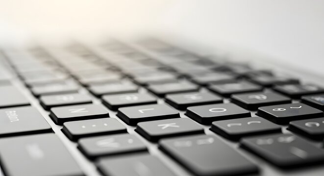 Macro close-up of laptop keyboard with sleek black keys and shallow depth of field, ideal for technology, typing, coding, and modern workspace concepts.