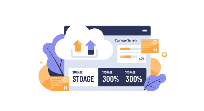 Cloud Storage System Dashboard with Upload Arrows and Data Visualization