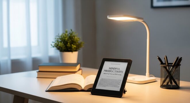 Ebook reader displays mindful productivity book on desk