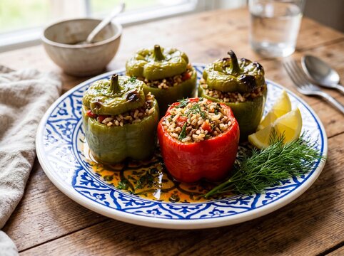 Traditional Turkish Biber Dolma Stuffed Peppers on an Authentic Patterned Plate
