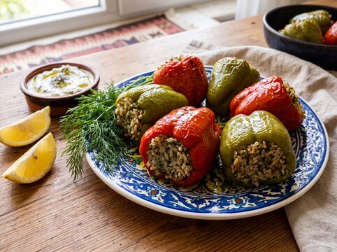 Traditional Turkish Biber Dolma Stuffed Peppers with Rice and Mediterranean Herbs