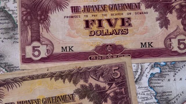 Macro Video of Japanese Government 5 Dollars Banknote for Malaya and Borneo