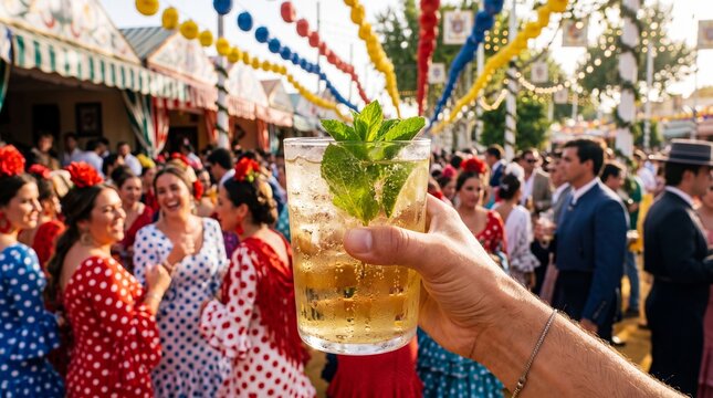 Hand holding a refreshing rebujito cocktail at the Seville spring fair