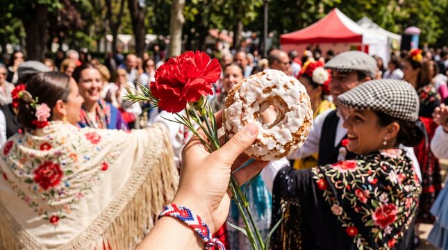 Hand holding a red carnation and rosquilla pastry at a Madrid festival
