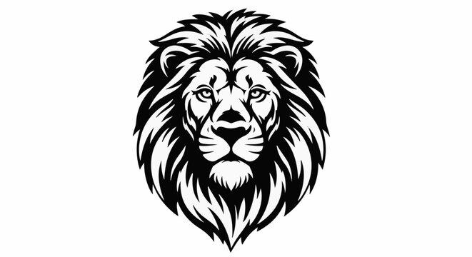A striking black and white graphic of a male lion's head and mane