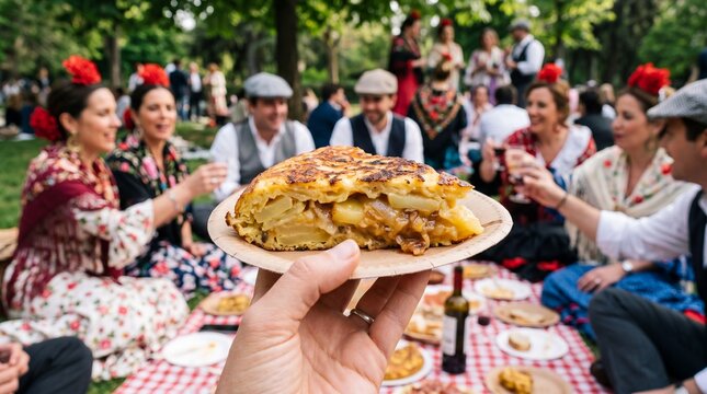 Hand holding a slice of Spanish omelet at a festive Madrid park picnic