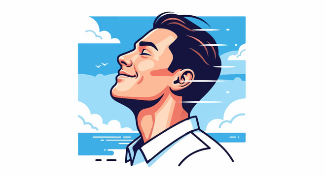 A man with eyes closed smiles looking up at the sky, near the sea