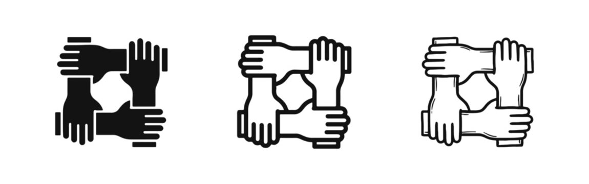 Four Hands Joined in Unity Icon Set for Teamwork and Cooperation