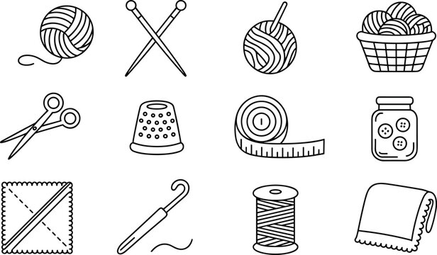 Set of sewing and knitting line icons including yarn balls needles scissors thimble buttons and measuring tape vector illustration