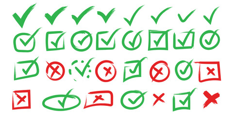 Hand drawn  check and cross icons set in circle and square outline checklist marks vector illustration. Checkmark doodle icon set. Cross box  check mark checkbox  list vector draw hand drawn sketch © ApexStock Studio66
