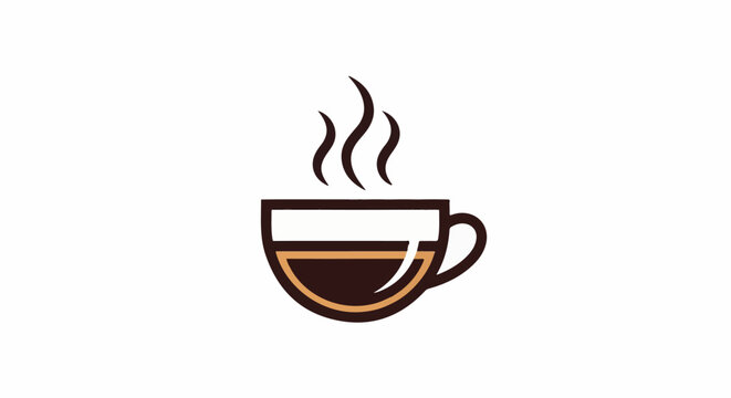 A stylized illustration of a steaming cup of coffee with a dark brown body