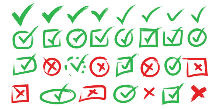 Hand drawn  check and cross icons set in circle and square outline checklist marks vector illustration. Checkmark doodle icon set. Cross box  check mark checkbox  list vector draw hand drawn sketch