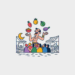 Fototapeta premium Vibrant street performer juggling colorful fruits before a captivated audience under a crescent moon, stylized digital illustration.