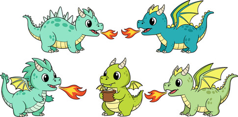 Naklejka premium Cute Cartoon Dragon Collection with Fire Breathing Fantasy Creatures Adorable Baby Dragons Vector Illustration Set