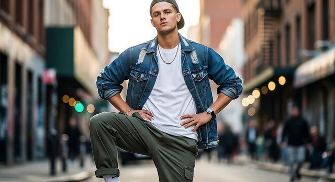 Man in denim jacket and olive pants posing on a city street with hand on hip and leg raised