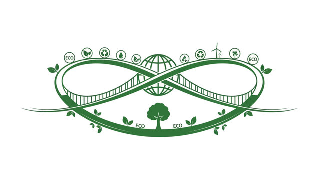 Eco-Logo with Sustainable Symbols: An elegant green logo symbolizing sustainability, featuring an infinity bridge connecting a globe with eco-friendly icons and a tree at its base.