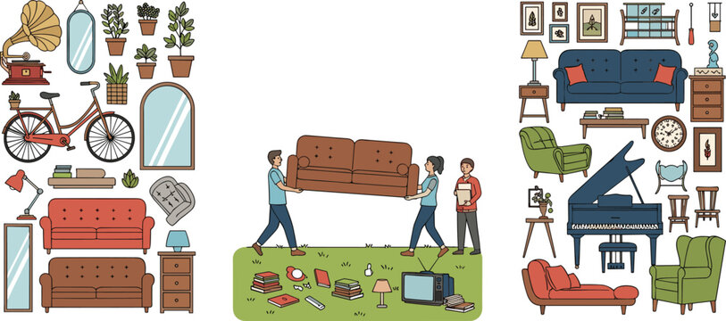 House Moving and Home Interior Furniture Set Featuring People Carrying Sofa and Various Decorative Items for Lifestyle Designs