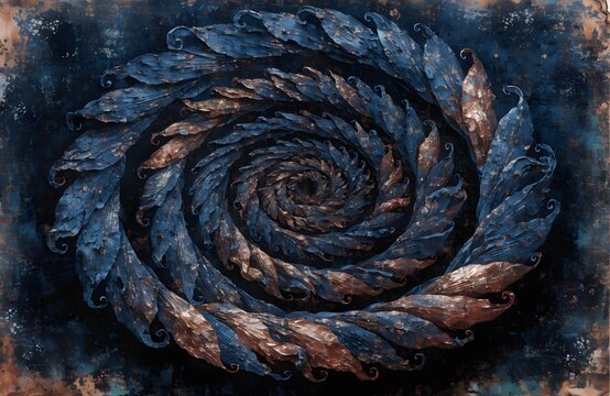 Fibonacci spiral of dried leaves in warm sunlight against a textured dark background