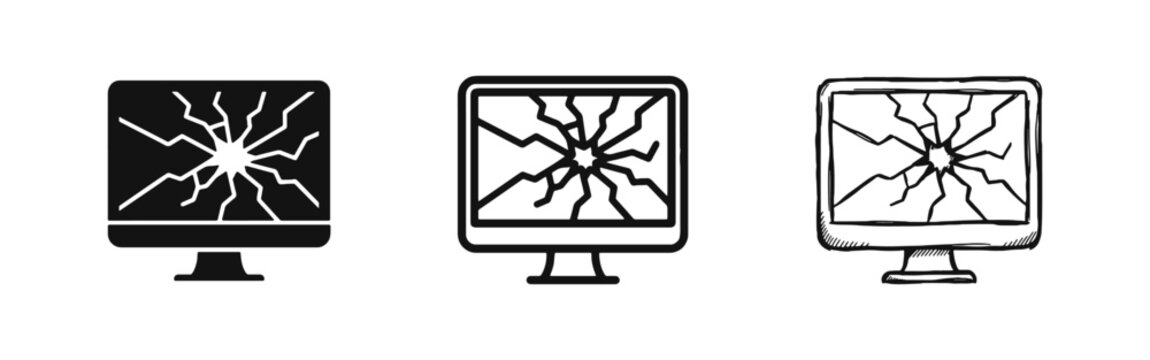 Damaged Computer Monitor Icon Set with Broken Screen Graphics