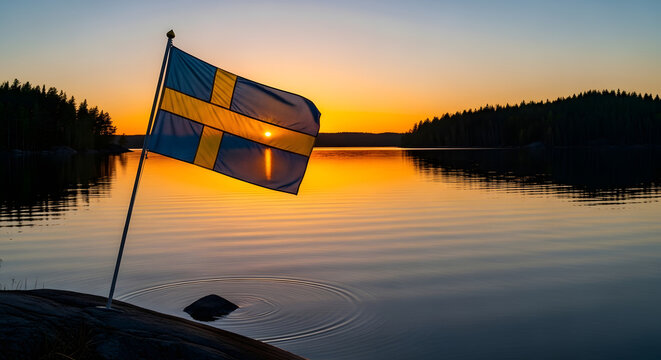 Celebrating National Day of Sweden with serene lake scenery at sunset featuring a flag on a boat surrounded by trees and water.