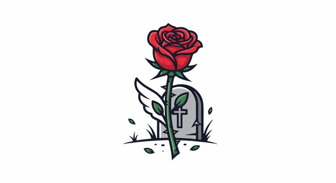A red rose with a single wing stands before a tombstone