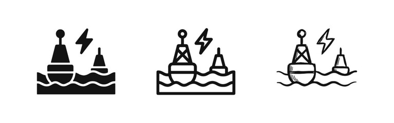 Warning Sea Buoy with Lightning Bolt Danger Icon Set © drawing lines